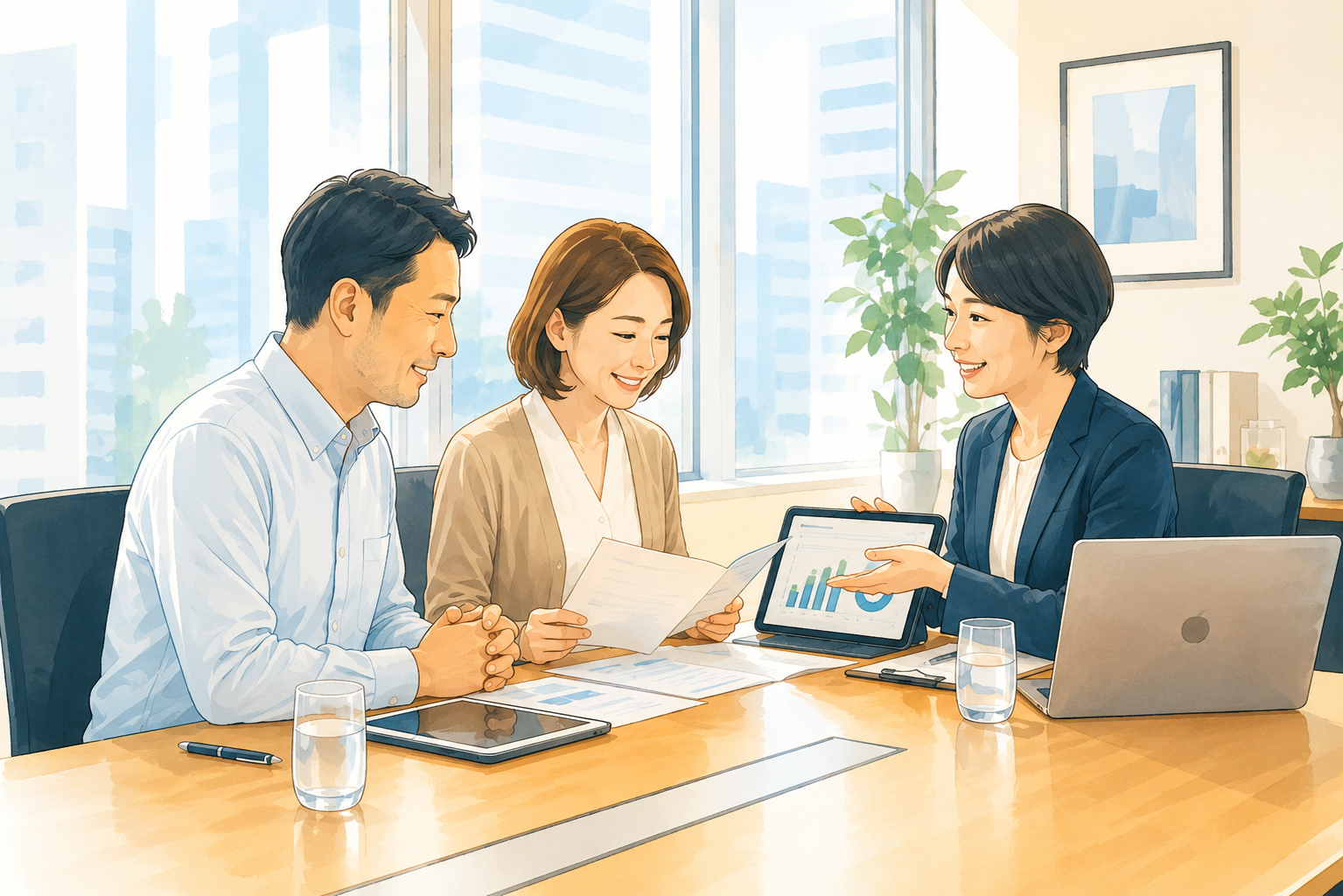 お客様とコミュニケーションを取りながら、タブレットを使ってIT化を提案する様子